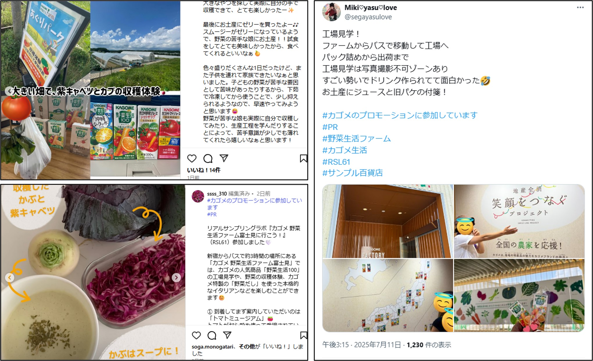 参加者によるインスタグラムやXなどのSNS投稿の画像。畑や野菜ジュース、野菜やカゴメ野菜生活ファーム富士見施設内の様子の画像など。